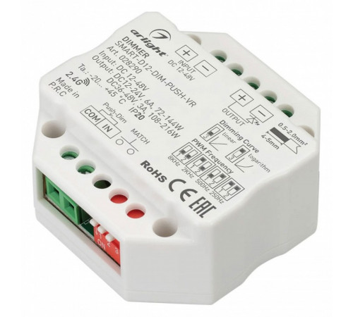 Диммер Arlight Smart-D12-Dim-Push-VR (12-48V, 1x6A, 2.4G) 028290 Диммер Arlight Smart-D12-Dim-Push-VR (12-48V, 1x6A, 2.4G) 028290