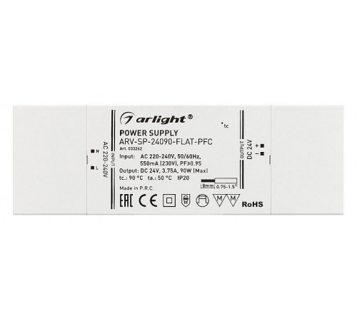 Блок питания Arlight ARV-SP-24090-Flat-PFC (24V, 3.75A, 90W) 033262 Блок питания Arlight ARV-SP-24090-Flat-PFC (24V, 3.75A, 90W) 033262
