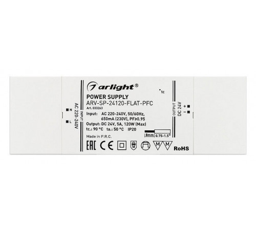Блок питания Arlight ARV-SP-24120-Flat-PFC (24V, 5A, 120W) 033263 Блок питания Arlight ARV-SP-24120-Flat-PFC (24V, 5A, 120W) 033263