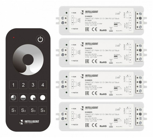 Диммер Arlight SMART-SET-PWM-101-72-DIM-PD-SUF Black (5-36V, 1x8A, x4, ПДУ 13кн, 2.4G) 036201
