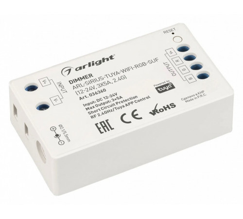 Диммер Arlight ARL-Sirius-Tuya-WIFI-RGB-SUF (12-24V, 3x5A, 2.4G) 036360 Диммер Arlight ARL-Sirius-Tuya-WIFI-RGB-SUF (12-24V, 3x5A, 2.4G) 036360