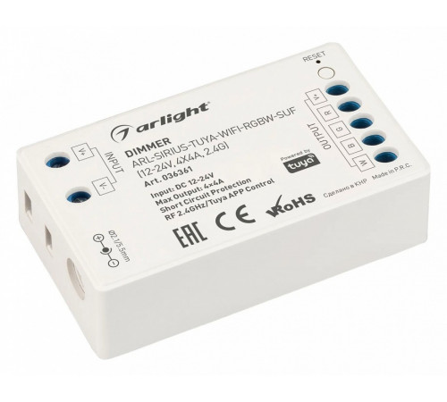 Диммер Arlight ARL-Sirius-Tuya-WIFI-RGBW-SUF (12-24V, 4x4A, 2.4G) 036361 Диммер Arlight ARL-Sirius-Tuya-WIFI-RGBW-SUF (12-24V, 4x4A, 2.4G) 036361