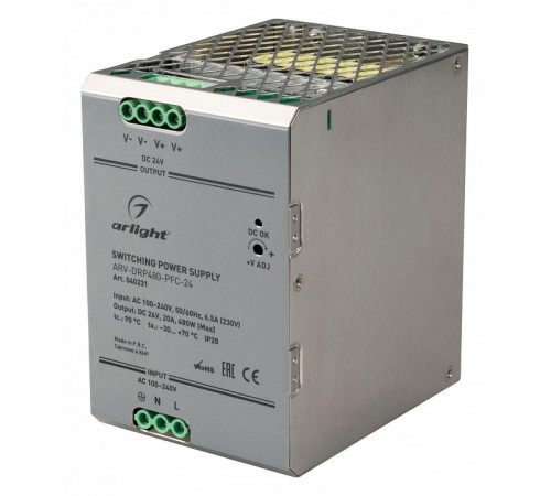 Блок питания Arlight ARV-DRP480-PFC-24 (24V, 20A, 480W) 040231 Блок питания Arlight ARV-DRP480-PFC-24 (24V, 20A, 480W) 040231