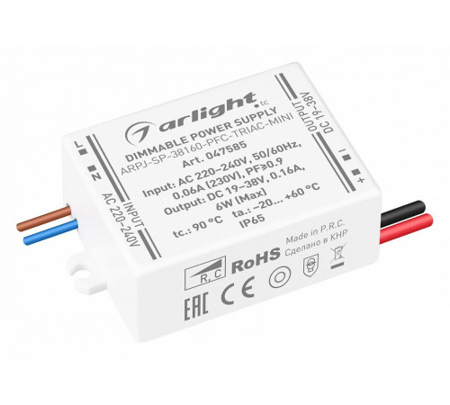 Блок питания Arlight ARPJ-SP-38160-PFC-TRIAC-MINI (6W, 19-38V, 160mA) 047585 Блок питания Arlight ARPJ-SP-38160-PFC-TRIAC-MINI (6W, 19-38V, 160mA) 047585