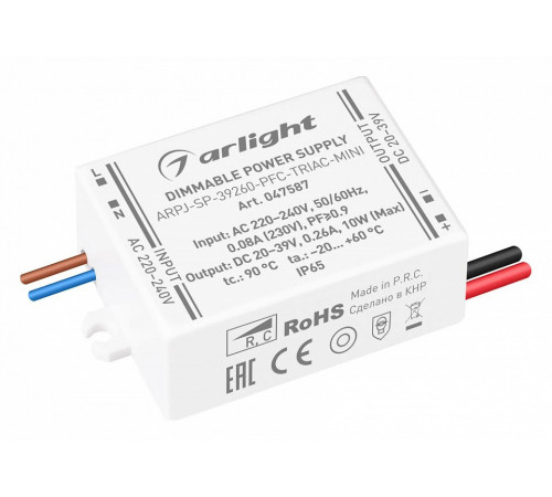 Блок питания Arlight ARPJ-SP-39260-PFC-TRIAC-MINI (10W, 20-39V, 260mA) 047587
