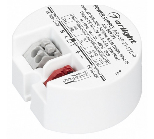 Блок питания Arlight ARJ-SP-21-PFC-R (21W, 15-42V, 0.45-0.5A) 048771 Блок питания Arlight ARJ-SP-21-PFC-R (21W, 15-42V, 0.45-0.5A) 048771
