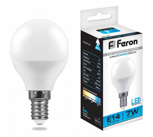 Лампа светодиодная Feron E14 7W 6400K Шар Матовая LB-95 25480
