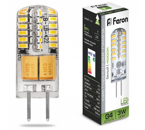 Лампа светодиодная Feron G4 3W 4000K Прямосторонняя Матовая LB-422 G4 3W 4000K 25532