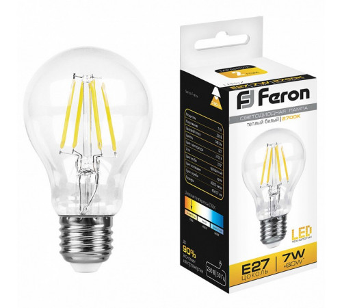Лампа светодиодная филаментная Feron E27 7W 2700K Шар Прозрачная LB-57 25569