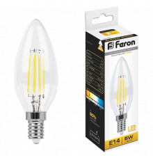 Лампа светодиодная филаментная Feron E14 5W 2700K Свеча Прозрачная LB-58 25572