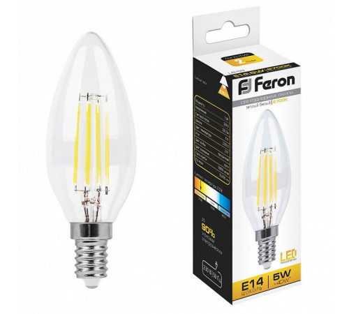 Лампа светодиодная филаментная Feron E14 5W 2700K Свеча Прозрачная LB-58 25572