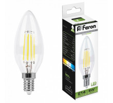 Лампа светодиодная филаментная Feron E14 5W 4000K Свеча Прозрачная LB-58 25573