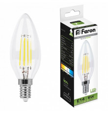 Лампа светодиодная филаментная Feron E14 5W 4000K Свеча Прозрачная LB-58 25573
