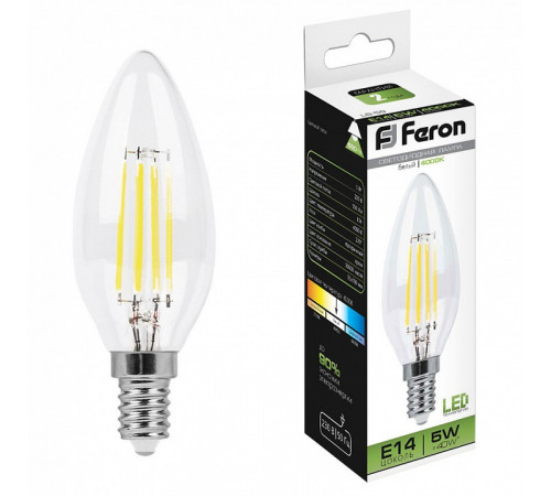 Лампа светодиодная филаментная Feron E14 5W 4000K Свеча Прозрачная LB-58 25573