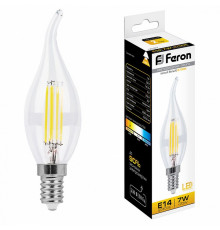 Лампа светодиодная филаментная Feron E14 7W 2700K Свеча на ветру Прозрачная LB-67 25727