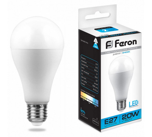 Лампа светодиодная Feron E27 20W 6400K Шар Матовая LB-98 25789