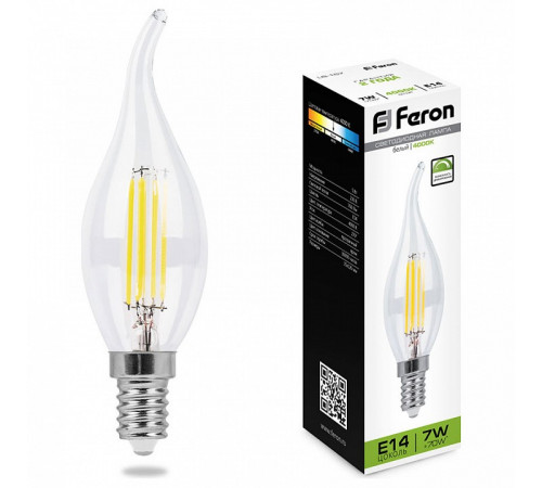 Лампа светодиодная филаментнаядиммируемая Feron E14 7W 4000K Свеча на ветру Прозрачная LB-167 25873