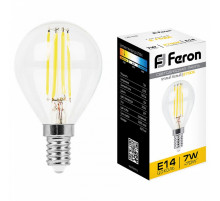 Лампа светодиодная филаментная Feron E14 7W 2700K Шар Прозрачная LB-52 25874