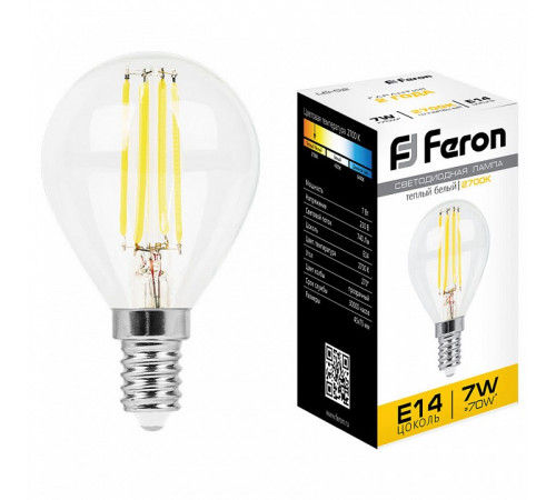 Лампа светодиодная филаментная Feron E14 7W 2700K Шар Прозрачная LB-52 25874