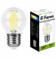 Лампа светодиодная филаментная Feron E27 7W 4000K Шар Прозрачная LB-52 25877