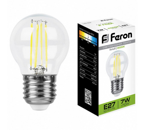 Лампа светодиодная филаментная Feron E27 7W 4000K Шар Прозрачная LB-52 25877