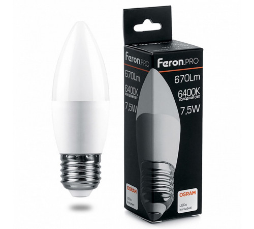 Лампа светодиодная Feron Pro E27 7,5W 6400K свеча матовая LB-1307 38058 Лампа светодиодная Feron Pro E27 7,5W 6400K свеча матовая LB-1307 38058