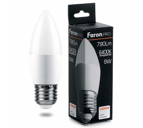 Лампа светодиодная Feron Pro E27 9W 6400K свеча матовая LB-1309 38064 Лампа светодиодная Feron Pro E27 9W 6400K свеча матовая LB-1309 38064