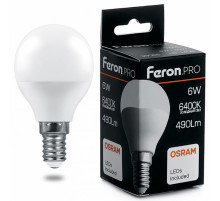 Лампа светодиодная Feron Pro E27 6W 6400K шар матовый LB-1406 38067