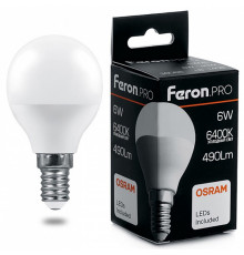 Лампа светодиодная Feron Pro E27 6W 6400K шар матовый LB-1406 38067