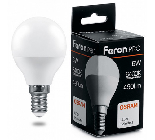 Лампа светодиодная Feron Pro E27 6W 6400K шар матовый LB-1406 38067 Лампа светодиодная Feron Pro E27 6W 6400K шар матовый LB-1406 38067