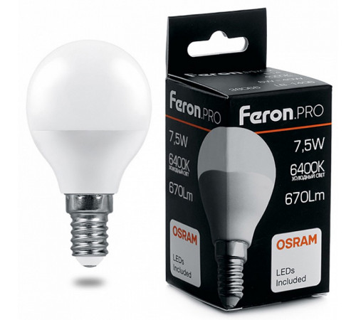 Лампа светодиодная Feron.PRO LB-1407 шар E14 7.5W 6400K 38073 Лампа светодиодная Feron.PRO LB-1407 шар E14 7.5W 6400K 38073