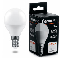 Лампа светодиодная Feron Pro E14 9W 4000K шар матовый LB-1409 38078