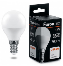 Лампа светодиодная Feron Pro E14 9W 4000K шар матовый LB-1409 38078