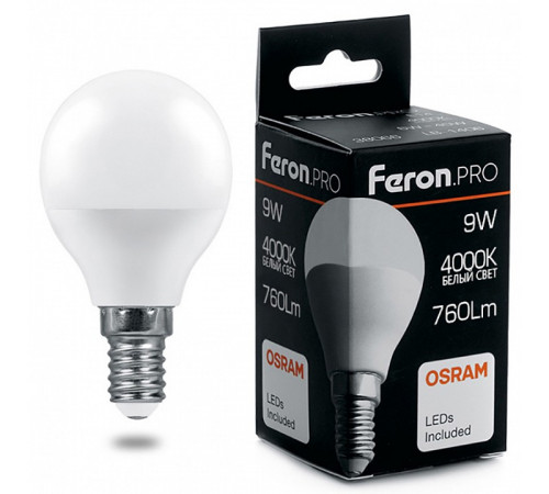 Лампа светодиодная Feron Pro E14 9W 4000K шар матовый LB-1409 38078 Лампа светодиодная Feron Pro E14 9W 4000K шар матовый LB-1409 38078