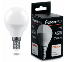 Лампа светодиодная Feron Pro E14 9W 6400K шар матовый LB-1409 38079