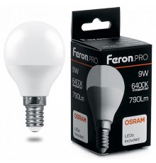 Лампа светодиодная Feron Pro E14 9W 6400K шар матовый LB-1409 38079