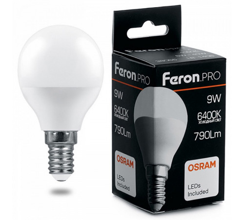 Лампа светодиодная Feron Pro E14 9W 6400K шар матовый LB-1409 38079 Лампа светодиодная Feron Pro E14 9W 6400K шар матовый LB-1409 38079