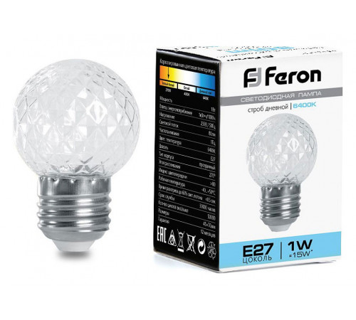 Лампа-строб Feron LB-377 Шарик прозрачный E27 1W 6400K 38220 Лампа-строб Feron LB-377 Шарик прозрачный E27 1W 6400K 38220