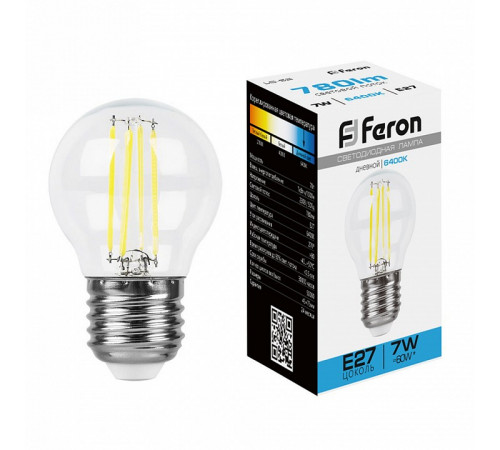 Лампа светодиодная филаментная Feron E27 7W 6400K прозрачная LB-52 38222 Лампа светодиодная филаментная Feron E27 7W 6400K прозрачная LB-52 38222