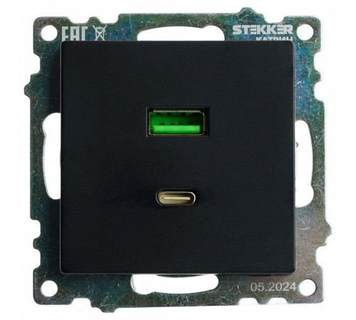 Розетка 2-местная USB + type C Stekker Катрин GLS10-7116-05 50055