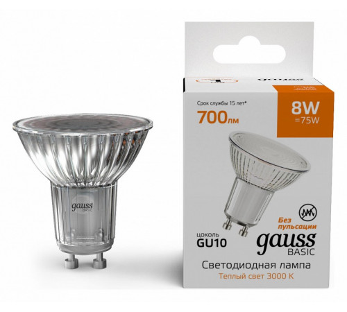 Лампа светодиодная Gauss Basic GU10 8W 3000K 10106182 Лампа светодиодная Gauss Basic GU10 8W 3000K 10106182