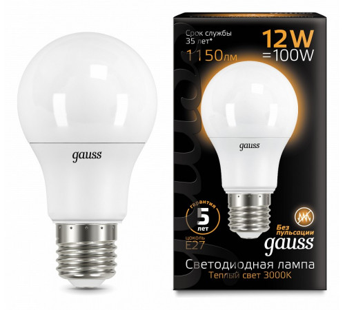 Лампа светодиодная Gauss E27 12W 3000K матовая 102502112
