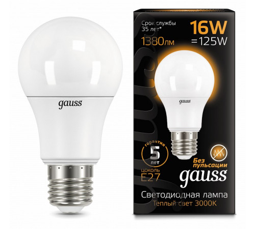 Лампа светодиодная Gauss E27 16W 3000K матовая 102502116 Лампа светодиодная Gauss E27 16W 3000K матовая 102502116