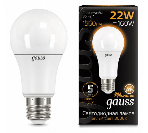 Лампа светодиодная Gauss E27 22W 3000К матовая 102502122 Лампа светодиодная Gauss E27 22W 3000К матовая 102502122