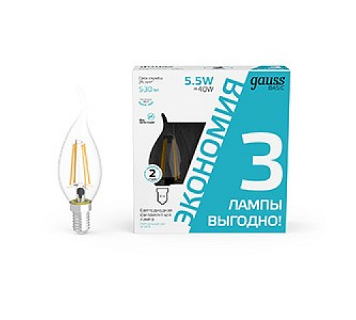 Лампа светодиодная Gauss Basic Filament E14 5,5W 4100K 1041126T Лампа светодиодная Gauss Basic Filament E14 5,5W 4100K 1041126T
