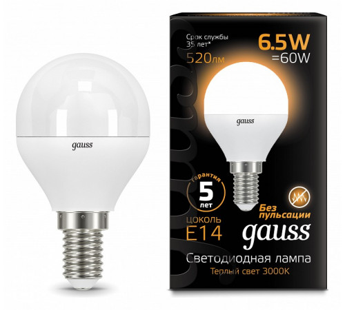 Лампа светодиодная Gauss E14 6.5W 3000K матовая 105101107 Лампа светодиодная Gauss E14 6.5W 3000K матовая 105101107