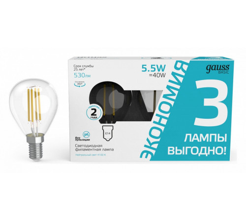 Лампа светодиодная Gauss Basic Filament E14 5,5W 4100K 1051126T Лампа светодиодная Gauss Basic Filament E14 5,5W 4100K 1051126T