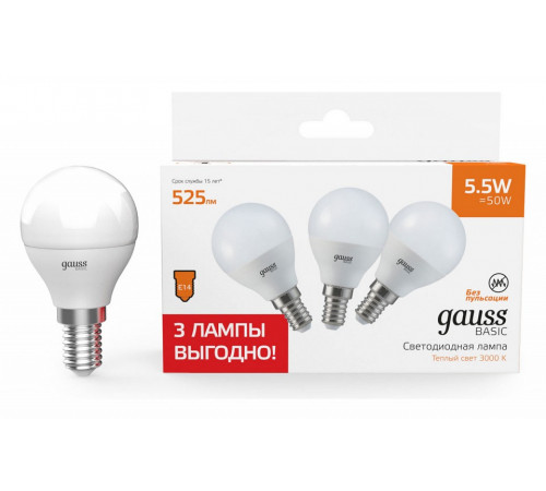 Лампа светодиодная Gauss Basic E14 5,5W 3000K 10531152T Лампа светодиодная Gauss Basic E14 5,5W 3000K 10531152T