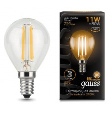 Лампа светодиодная филаментная Gauss E14 11W 2700К прозрачная 105801111