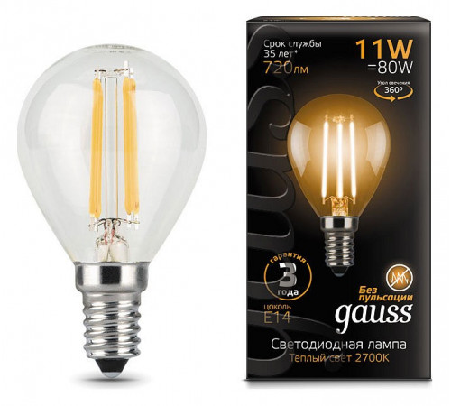 Лампа светодиодная филаментная Gauss E14 11W 2700К прозрачная 105801111 Лампа светодиодная филаментная Gauss E14 11W 2700К прозрачная 105801111
